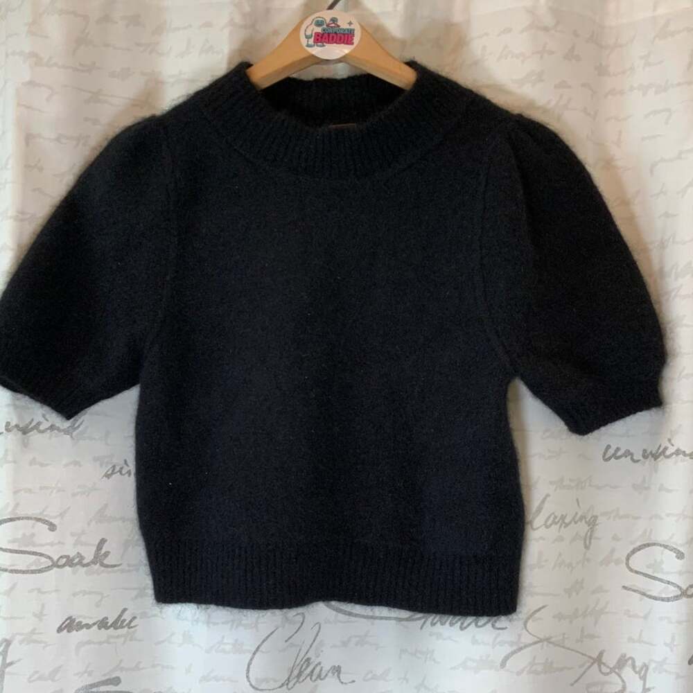 Free People Black Cashmere Staycation Sweater Size Small Cropped Puff Sleeve